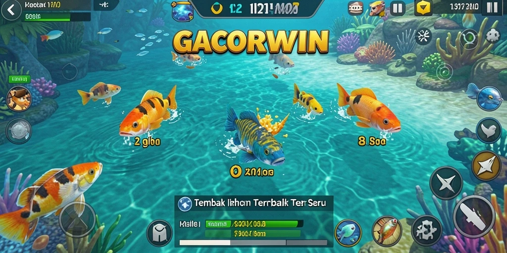 Gameplay seru GACORWIN dengan tangkapan ikan berwarna-warni.