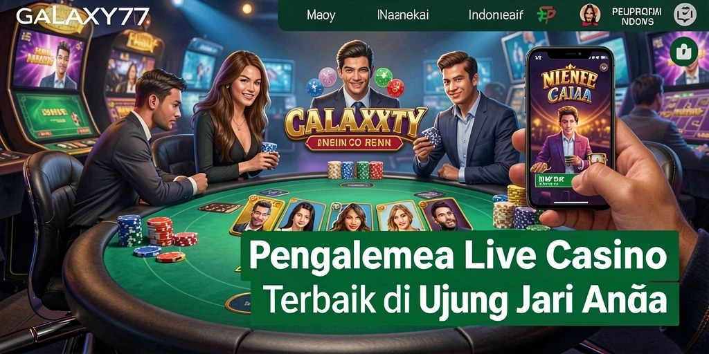 Screenshot utama GALAXY77 menampilkan dealer langsung dan permainan kasino yang seru.