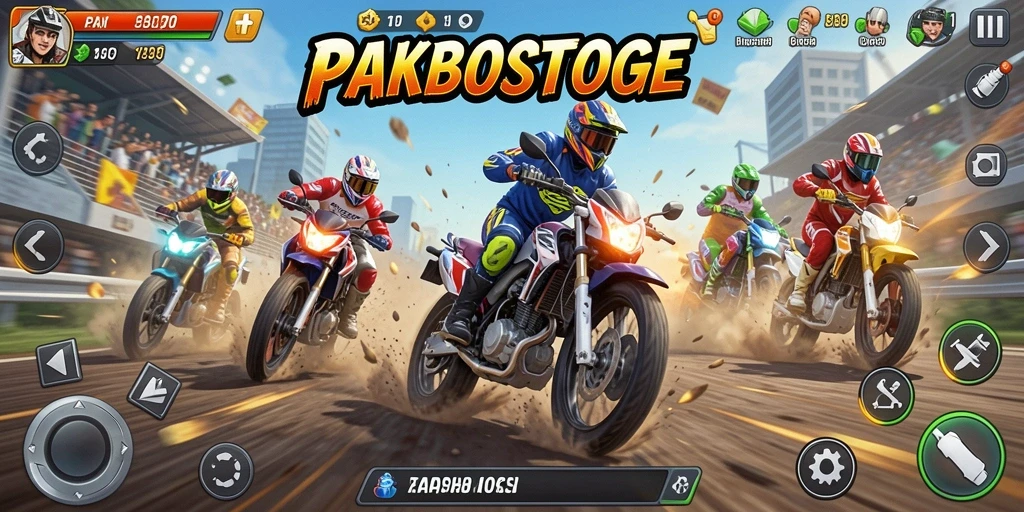 Tampilan gameplay PAKBOSTOGEL yang menegangkan dan penuh aksi balapan motor.