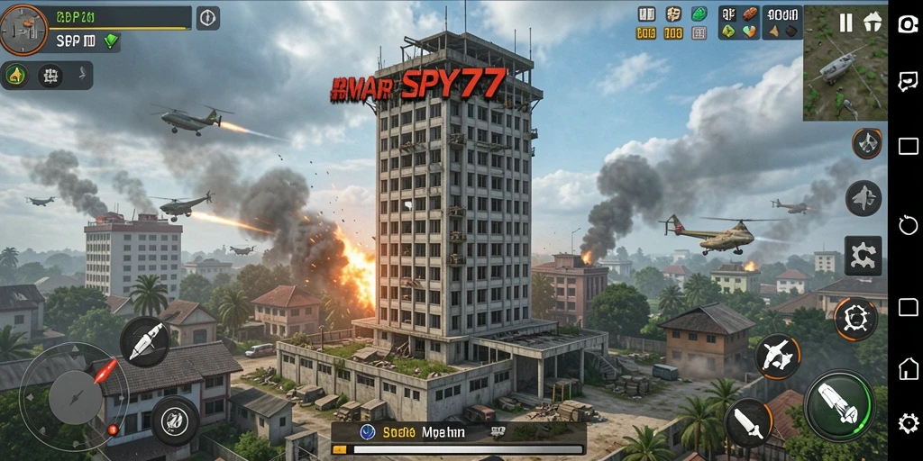 Gameplay SPY77 yang menegangkan dengan berbagai menara dan musuh.
